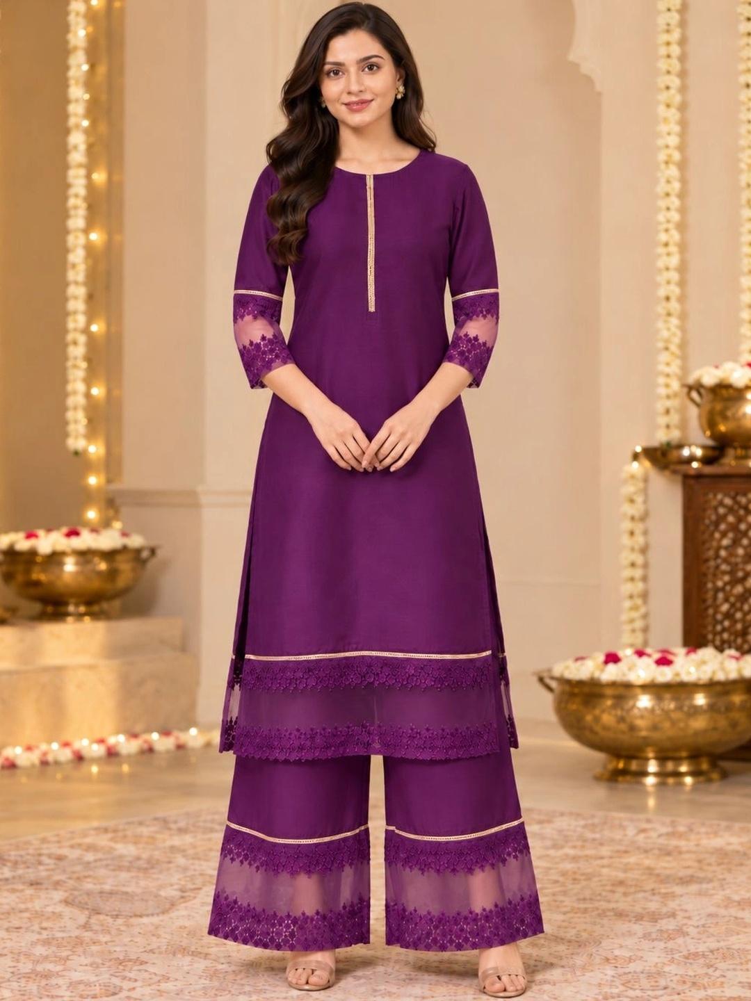 Ahalyaa Purple Solid Kurta Palazzo Set