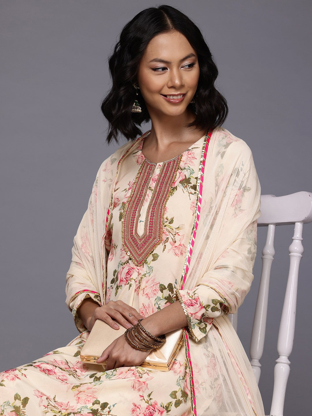 Floral Printed Sequinned Kurta With Trousers & Dupatta
