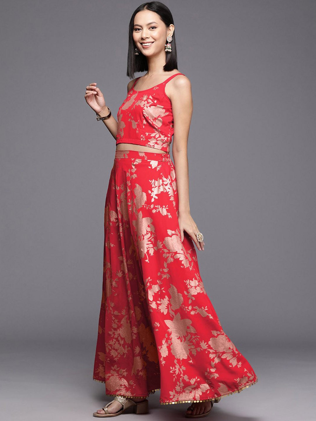 Printed Shoulder Straps Top & Skirt With Jacket Co-Ords
