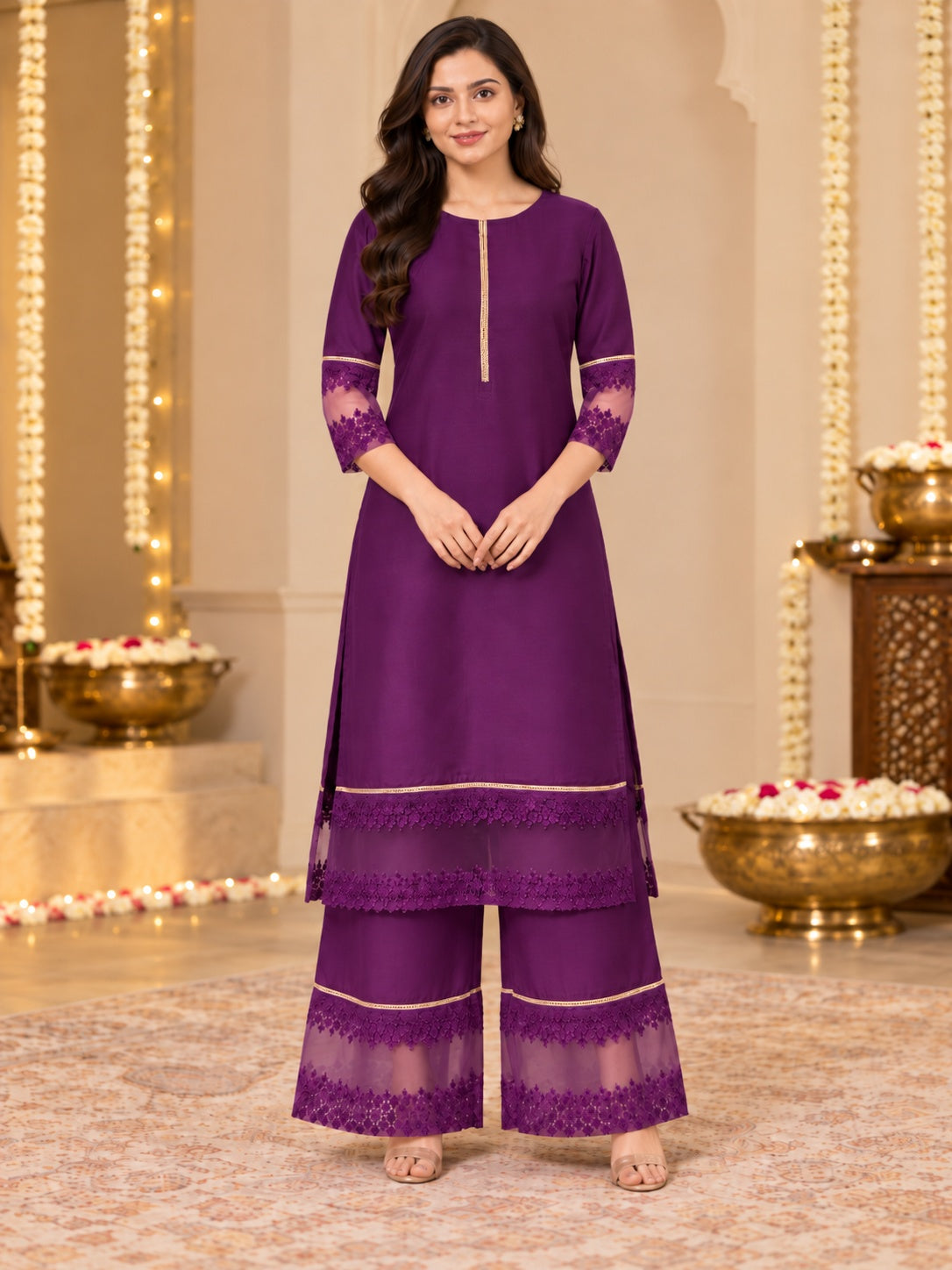 Ahalyaa Purple Solid Kurta Palazzo Set