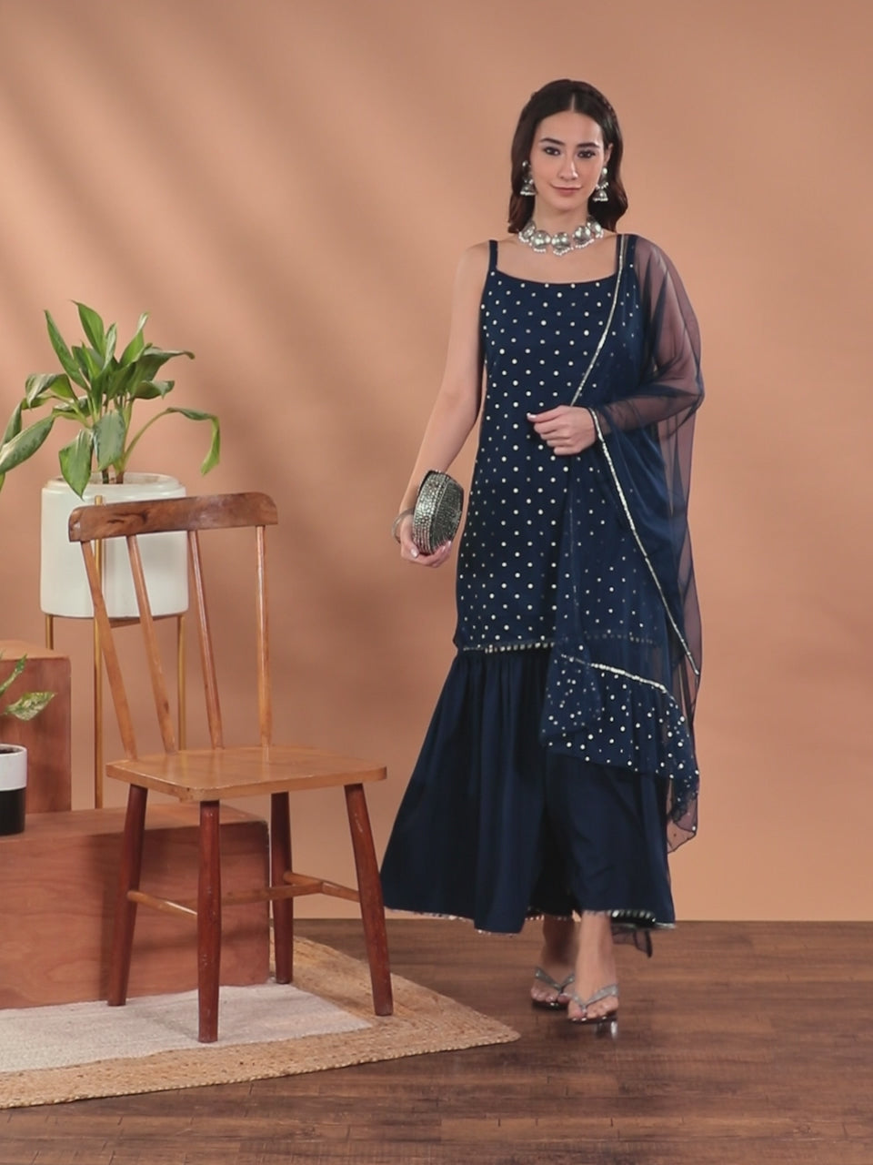 Women's Navy Blue Printed Top to Toe Printed Fusion Sharara Sets With Dupatta