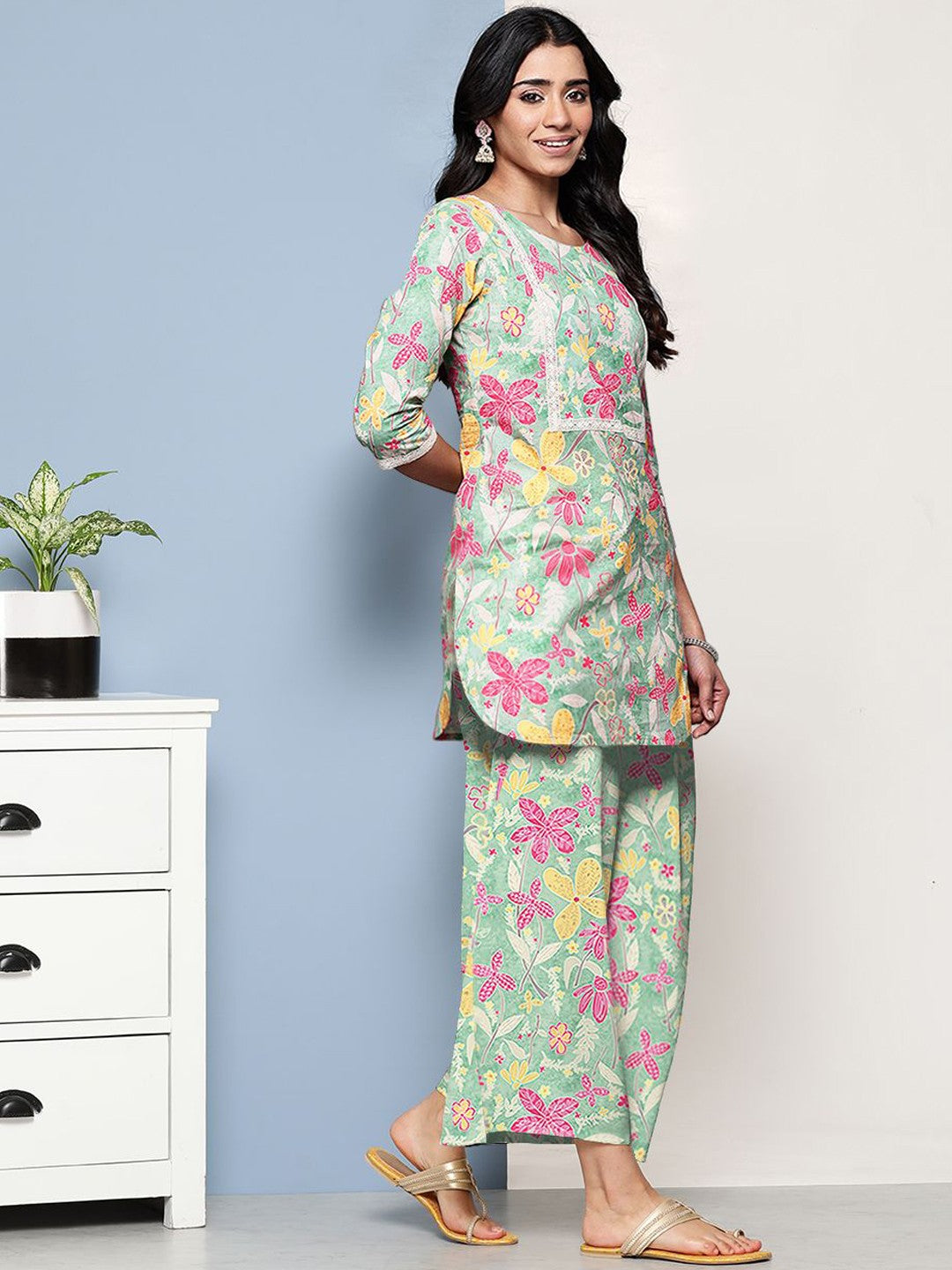 Printed Round Neck Pure Cotton Tunic With Palazzo Co-Ords