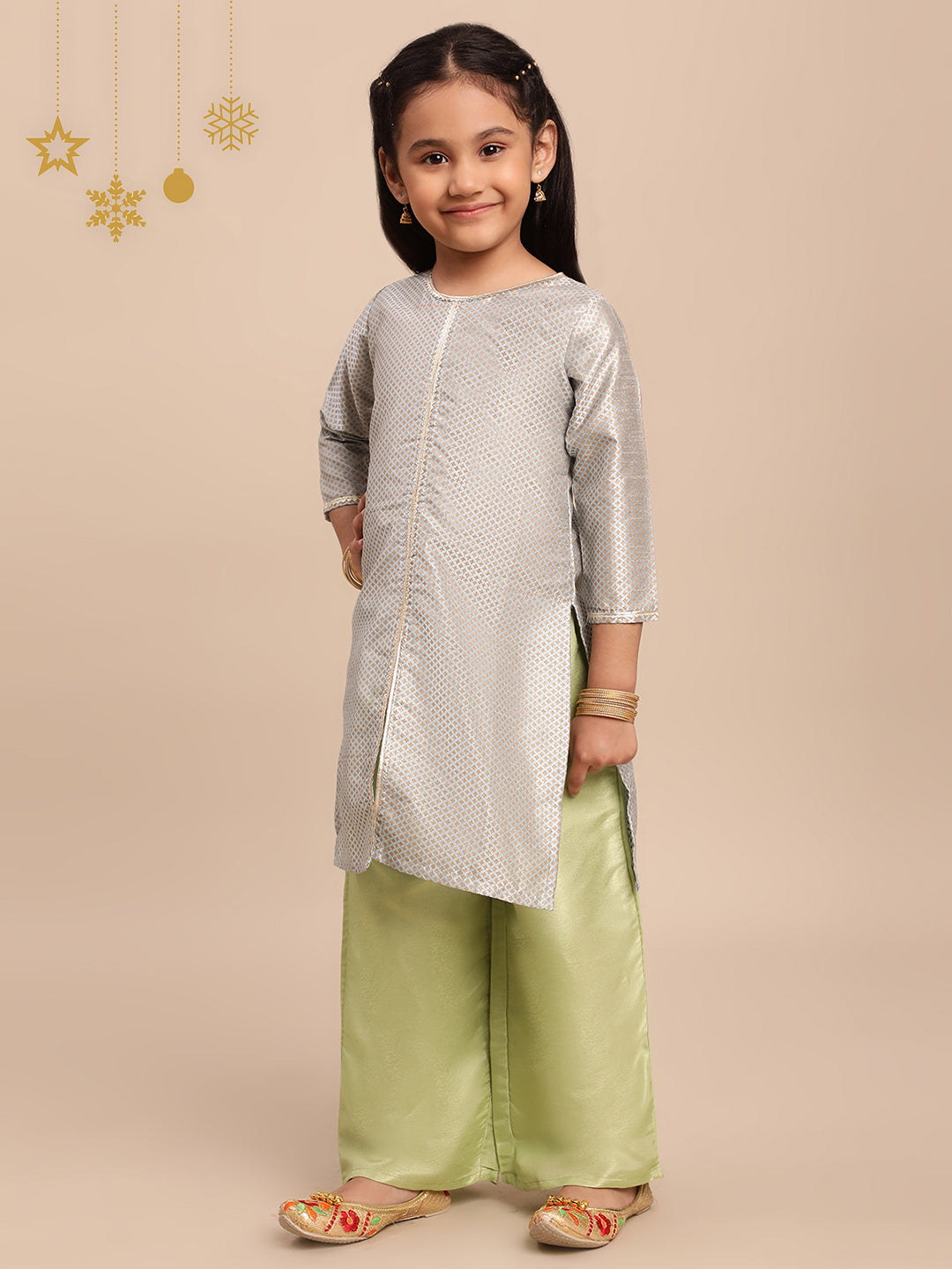 Gold Poly Silk Straight Girls Kurta Set1