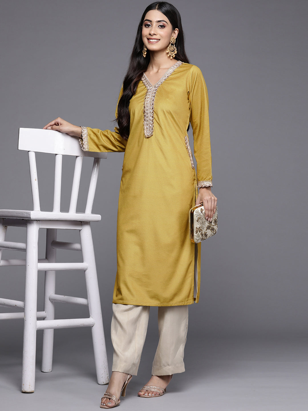 Mustard Yellow & Golden Ethnic Motifs Yoke Design Velvet Kurta