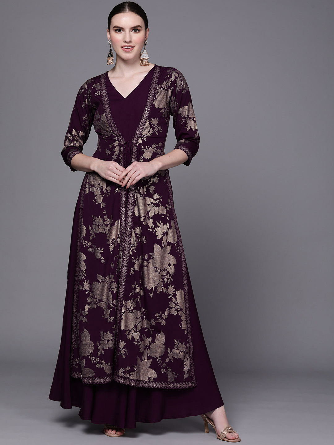 Burgundy Floral Printed Fit & Flare Maxi Ethnic Dress Burgundy Floral Printed Fit & Flare Maxi Ethnic Dress