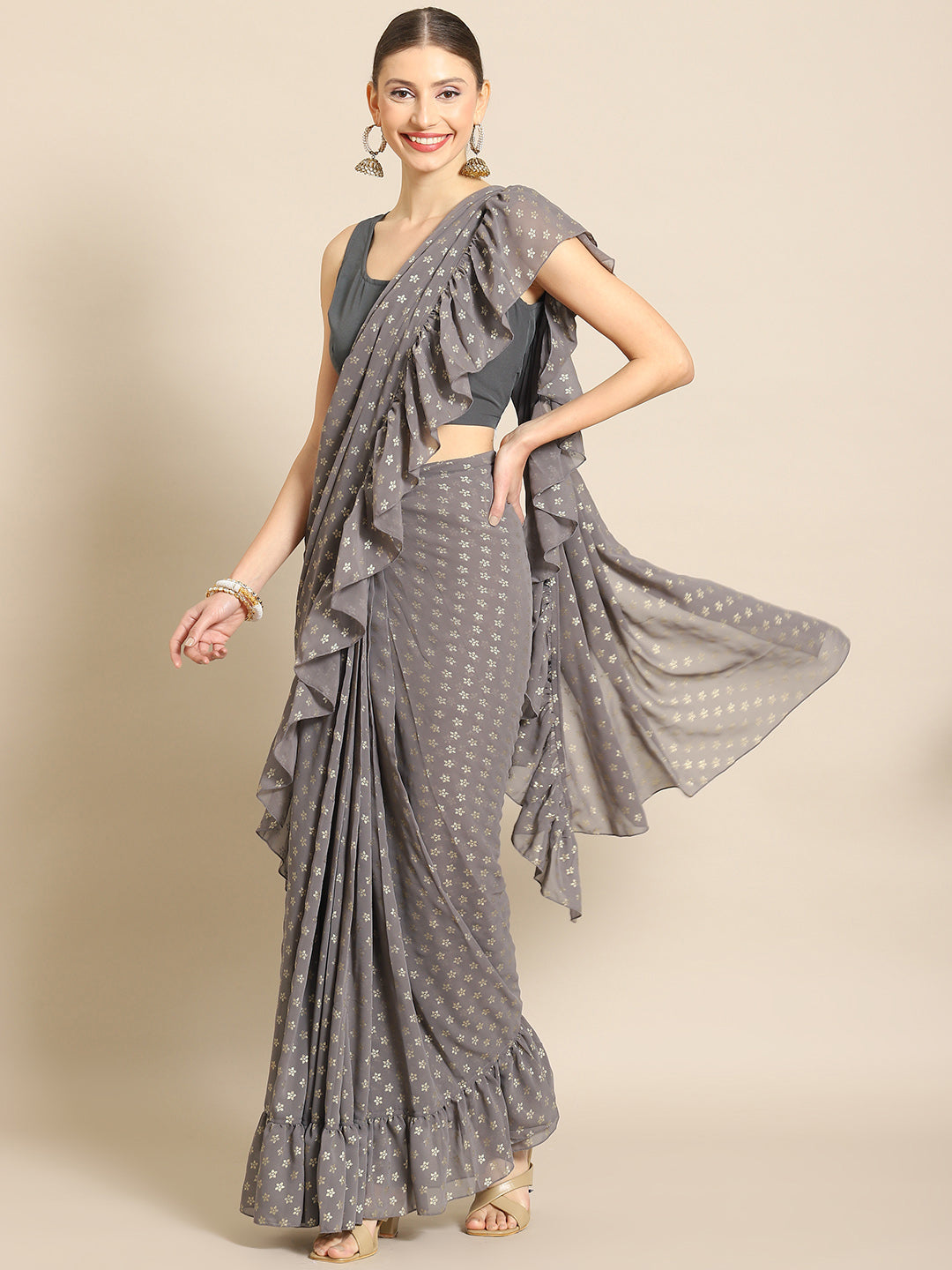 Grey & Gold Toned Printed Ready To Wear Ruffles Saree