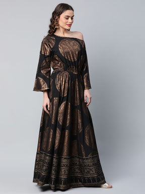 Black Crepe Copper Foil Printed Maxi Dress