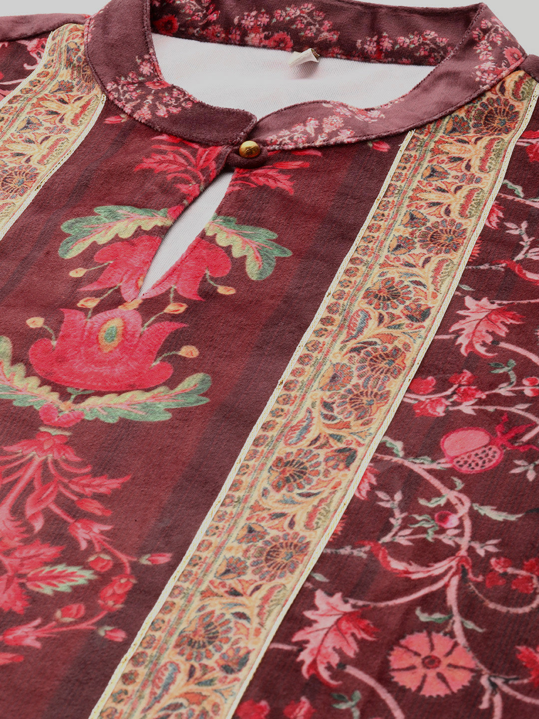 Ahalyaa Women Burgundy & Golden Floral Printed Gotta Patti Floral Velvet Kurta