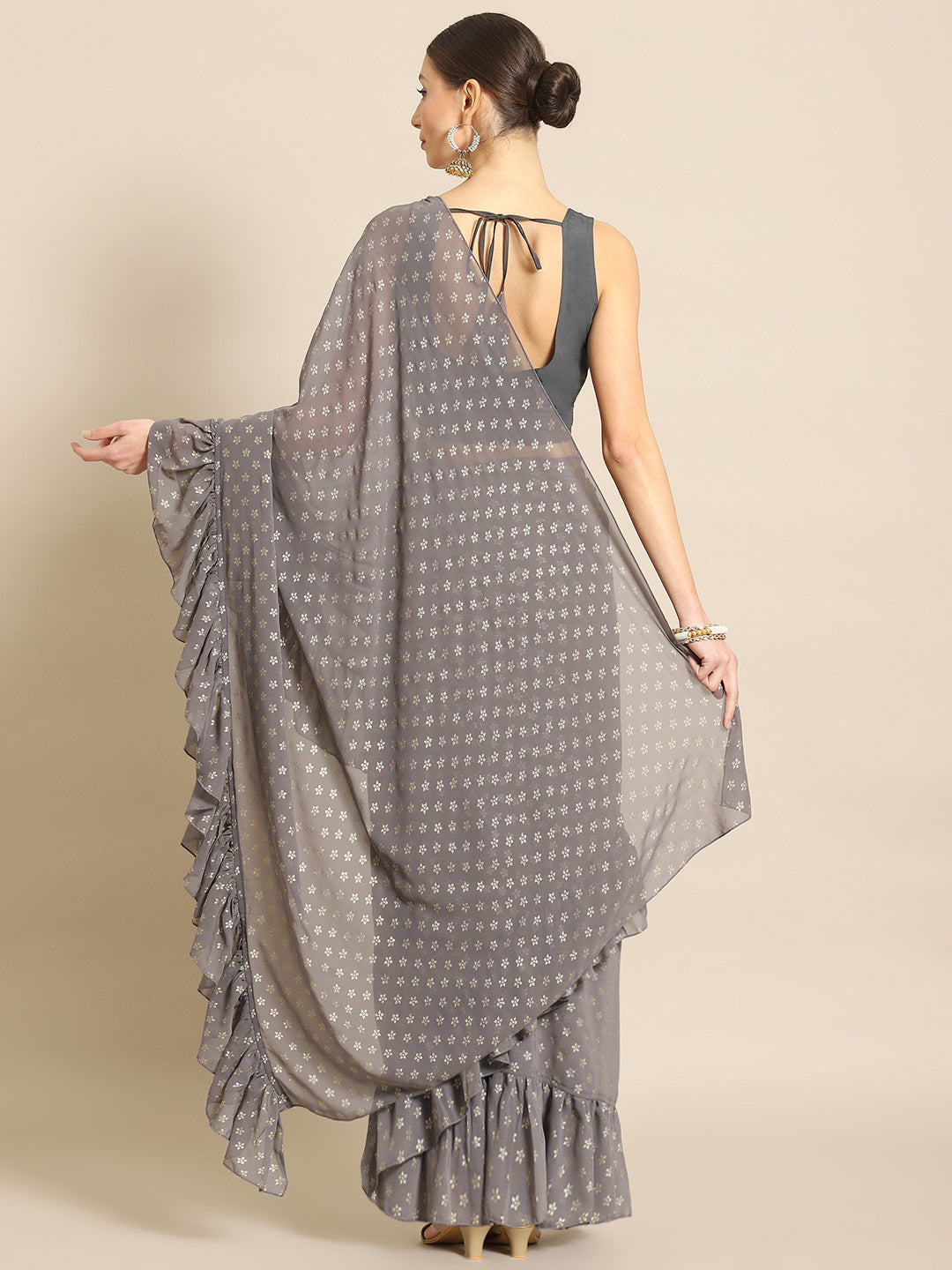 Grey & Gold Toned Printed Ready To Wear Ruffles Saree