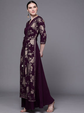 Burgundy Floral Printed Fit & Flare Maxi Ethnic Dress