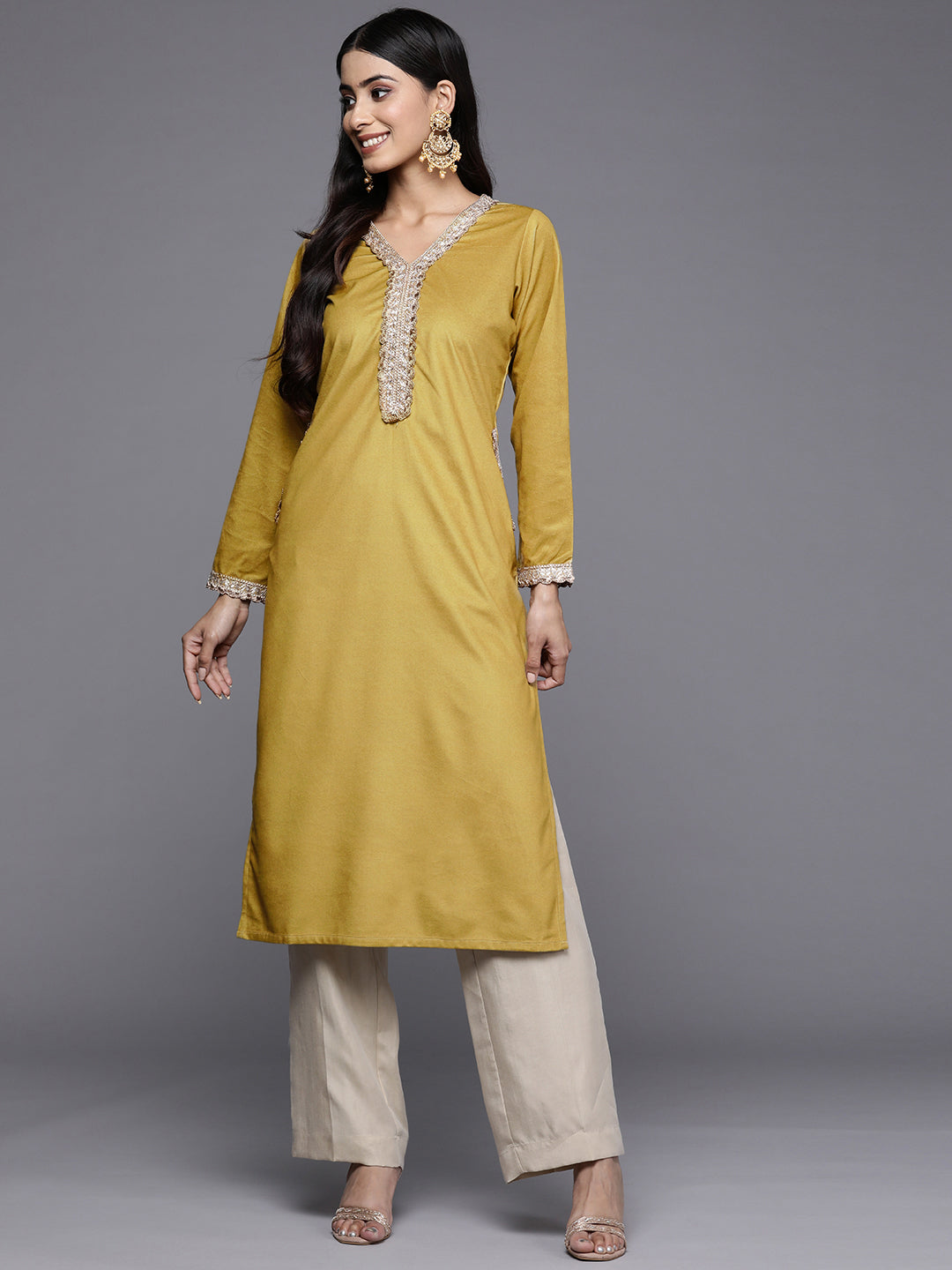 Ahalyaa Women Mustard Yellow & Golden Ethnic Motifs Yoke Design Velvet Kurta