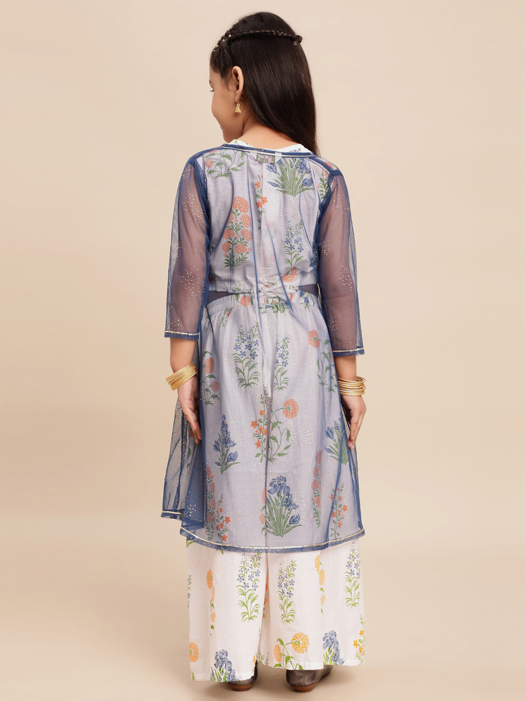 Off White Cotton, Net Straight Girl's Kurta Sets