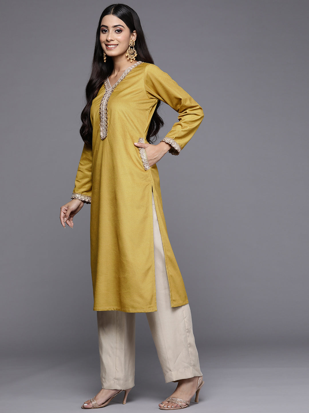 Ahalyaa Women Mustard Yellow & Golden Ethnic Motifs Yoke Design Velvet Kurta