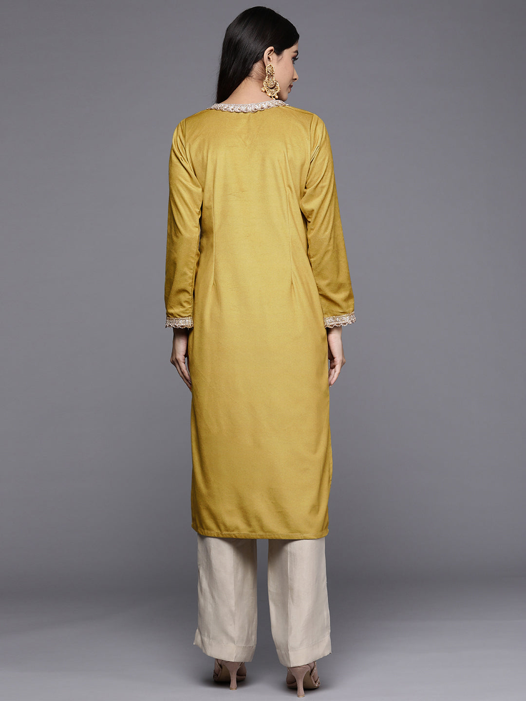 Ahalyaa Women Mustard Yellow & Golden Ethnic Motifs Yoke Design Velvet Kurta