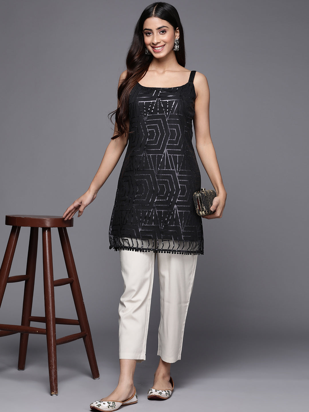 Black Printed Embellished Tunic