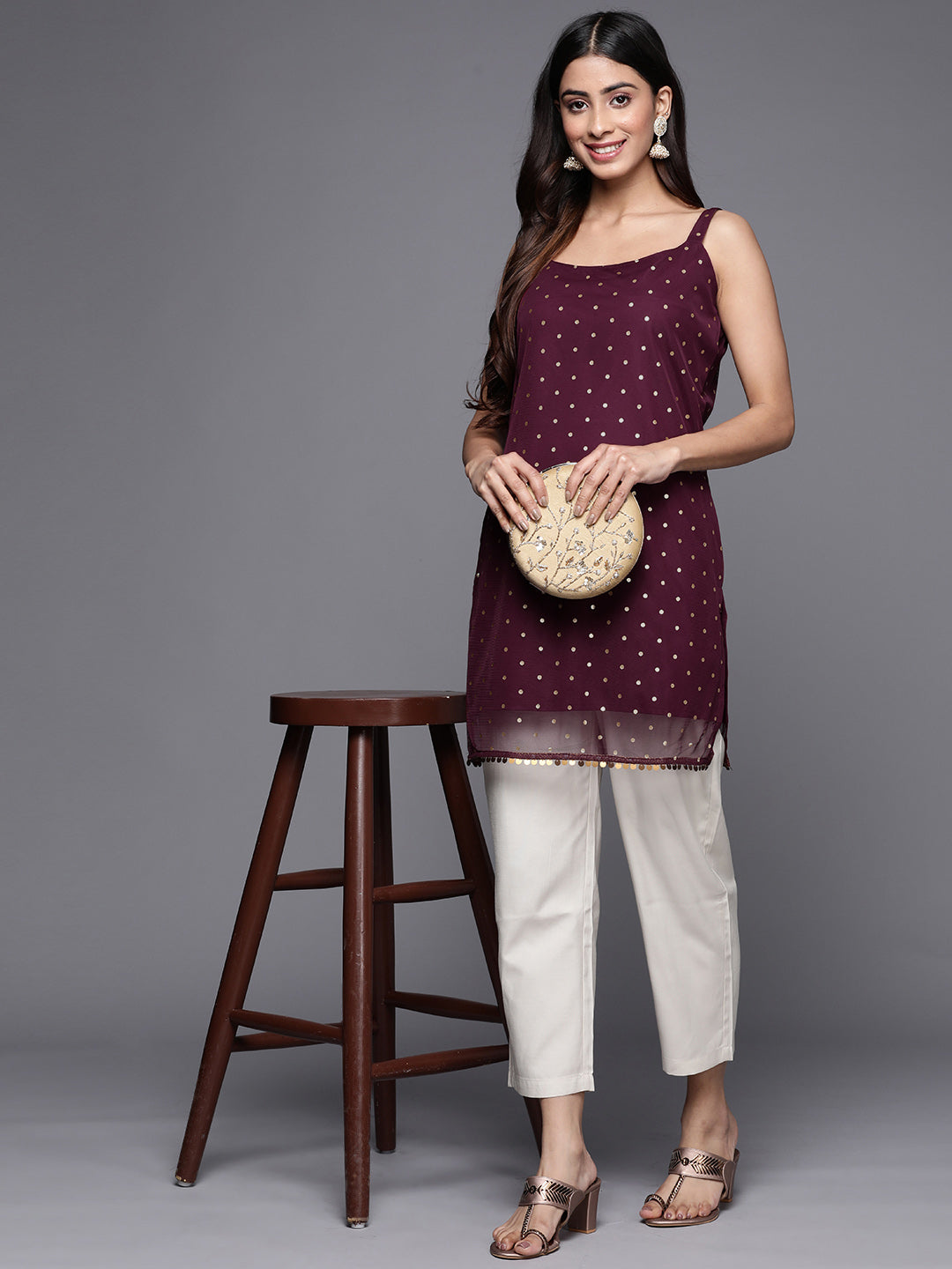 Burgundy Polka Dots Printed Net Tunic With Lace Inserts