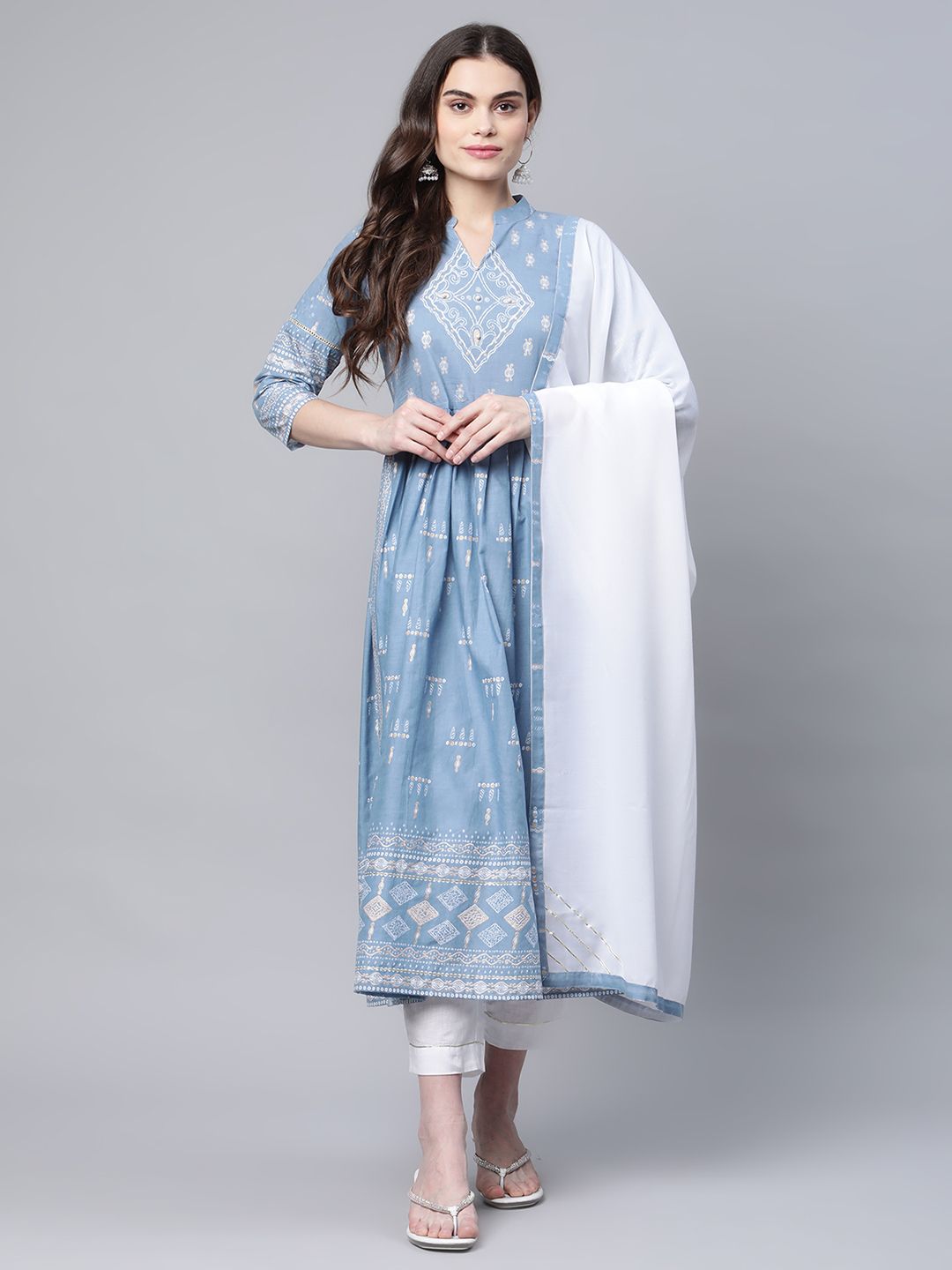 Pastel Blue Pure Cotton Printed Kurta Pant Set With Dupatta