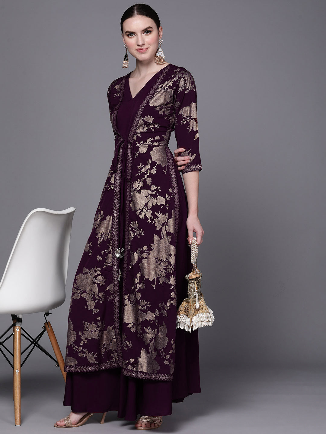 Burgundy Floral Printed Fit & Flare Maxi Ethnic Dress