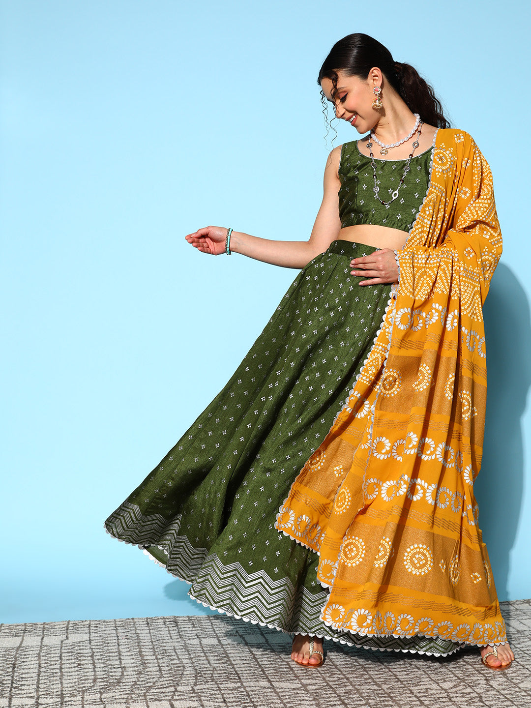 Olive Green Silver-Toned Printed Ready to Wear Lehenga Blouse With Dupatta