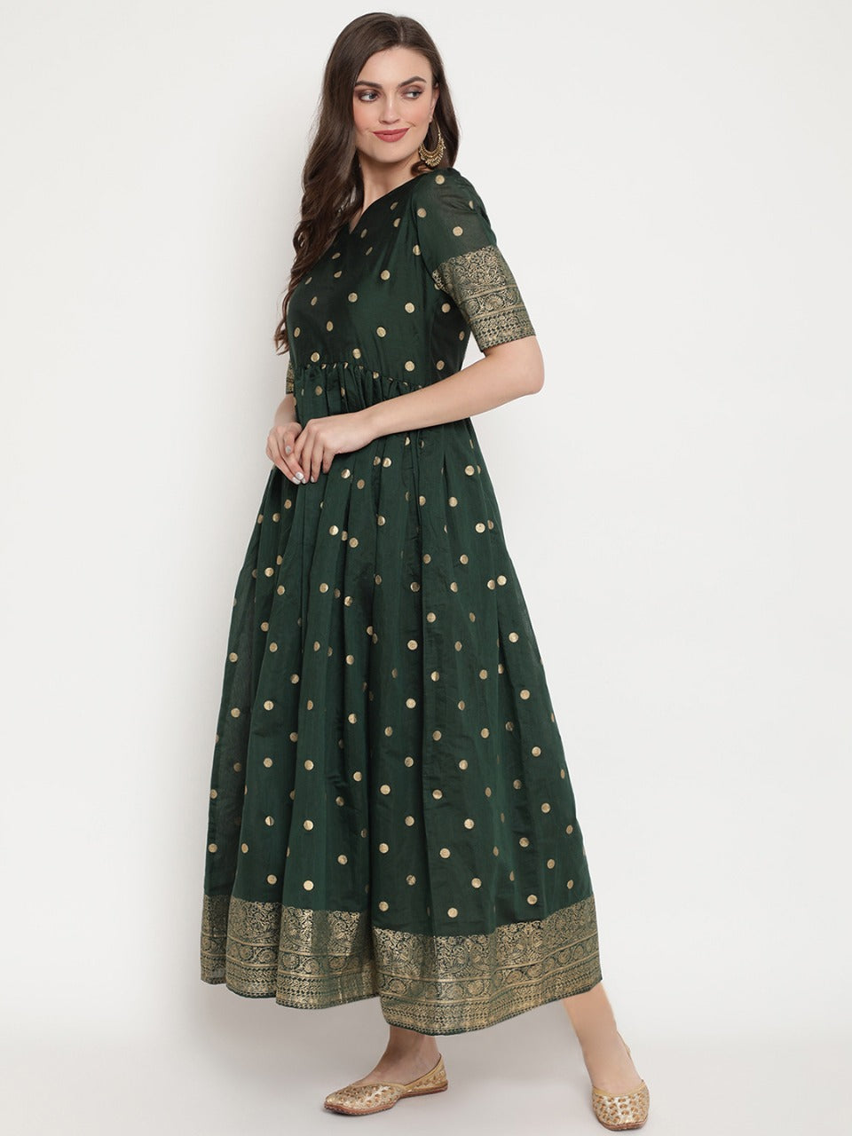 Green Polka Dots Print Chanderi Silk Anarkali Kurta
