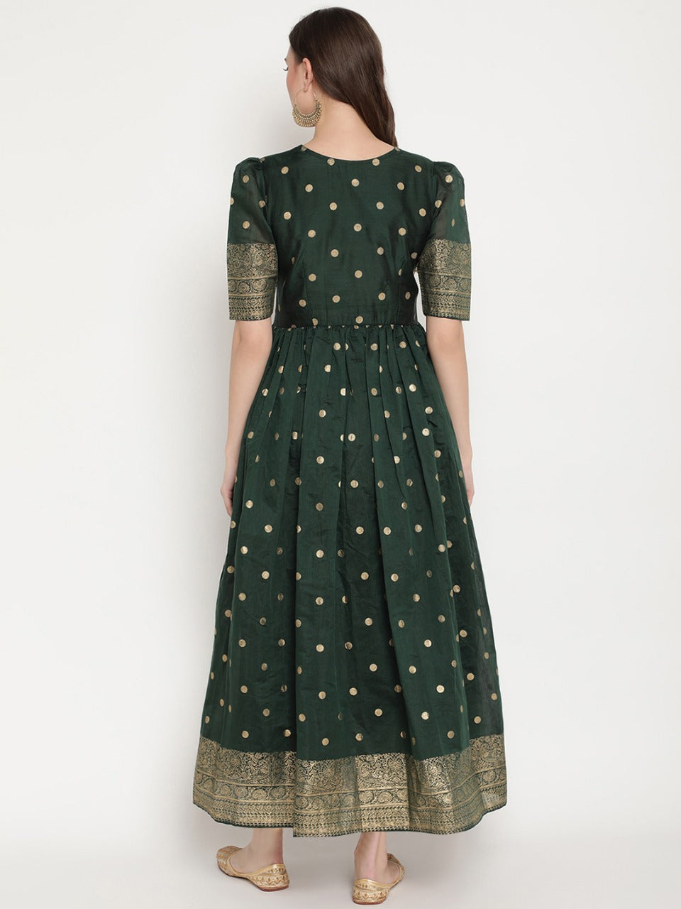 Green Polka Dots Print Chanderi Silk Anarkali Kurta