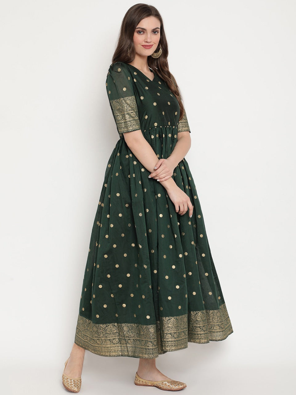 Green Polka Dots Print Chanderi Silk Anarkali Kurta