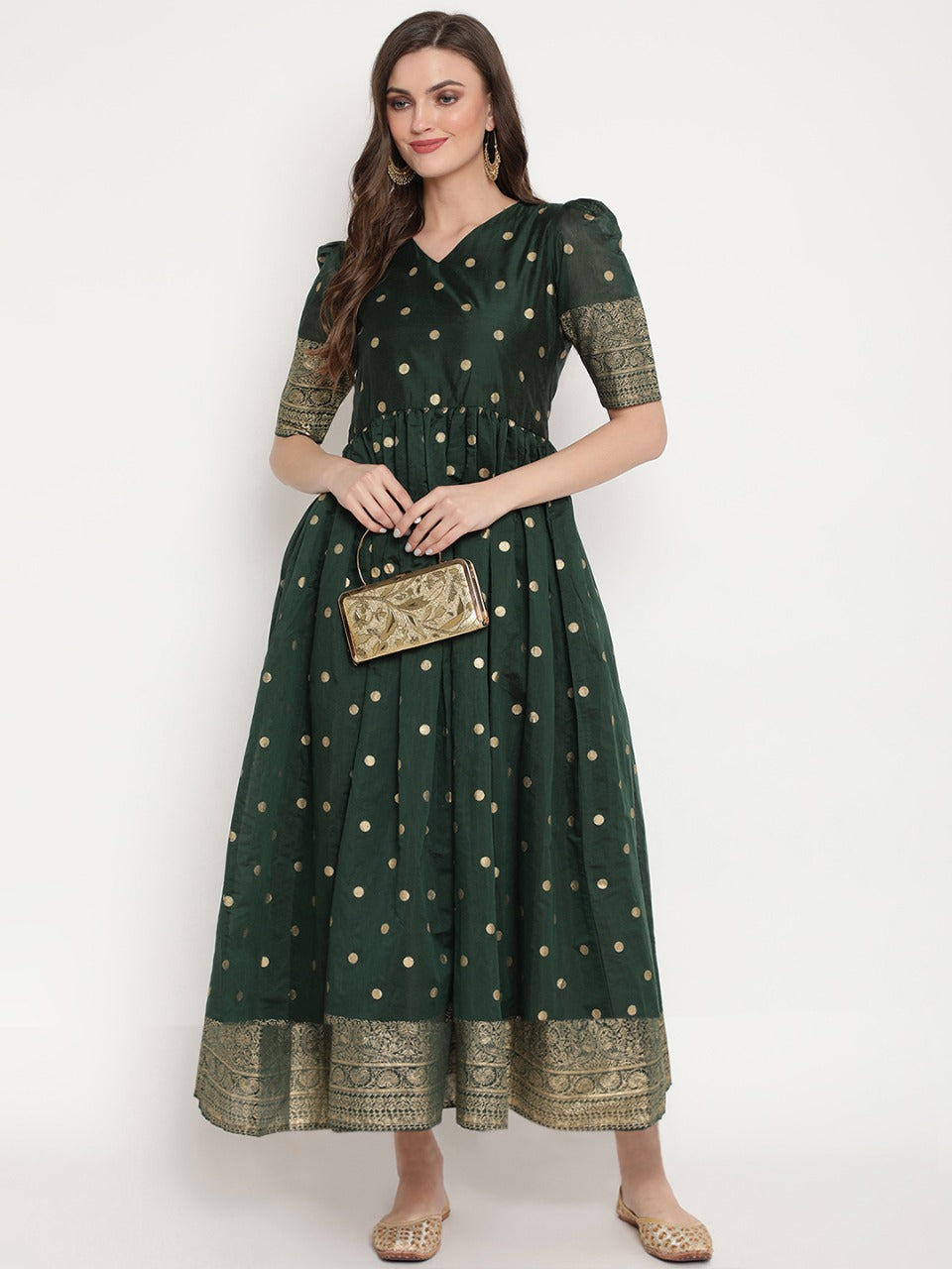 Green Polka Dots Print Chanderi Silk Anarkali Kurta