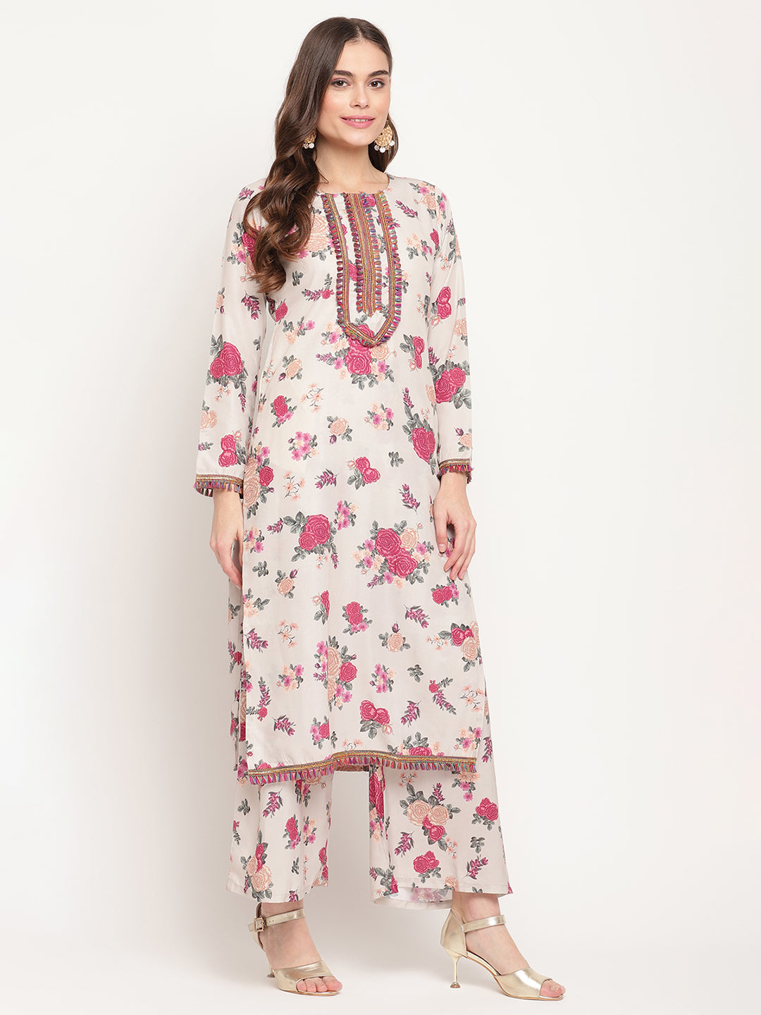 Beige Floral Printed Embellished Straight Kurta