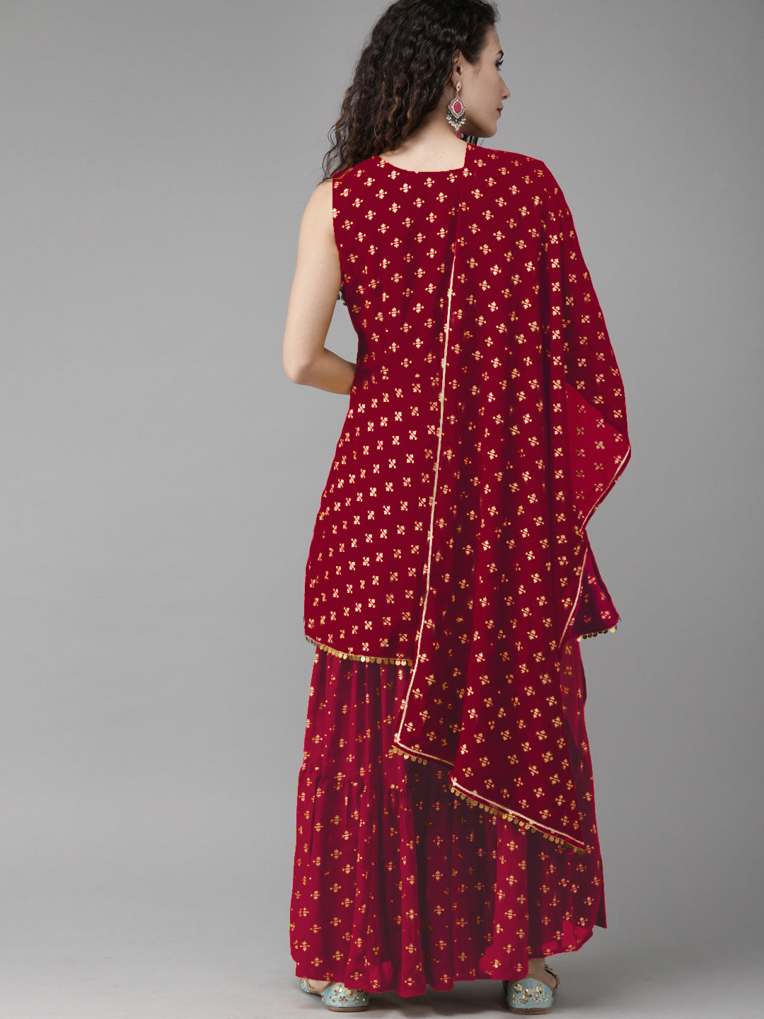 Women's Maroon & Gold-Toned Printed Sharara Set With Dupatta