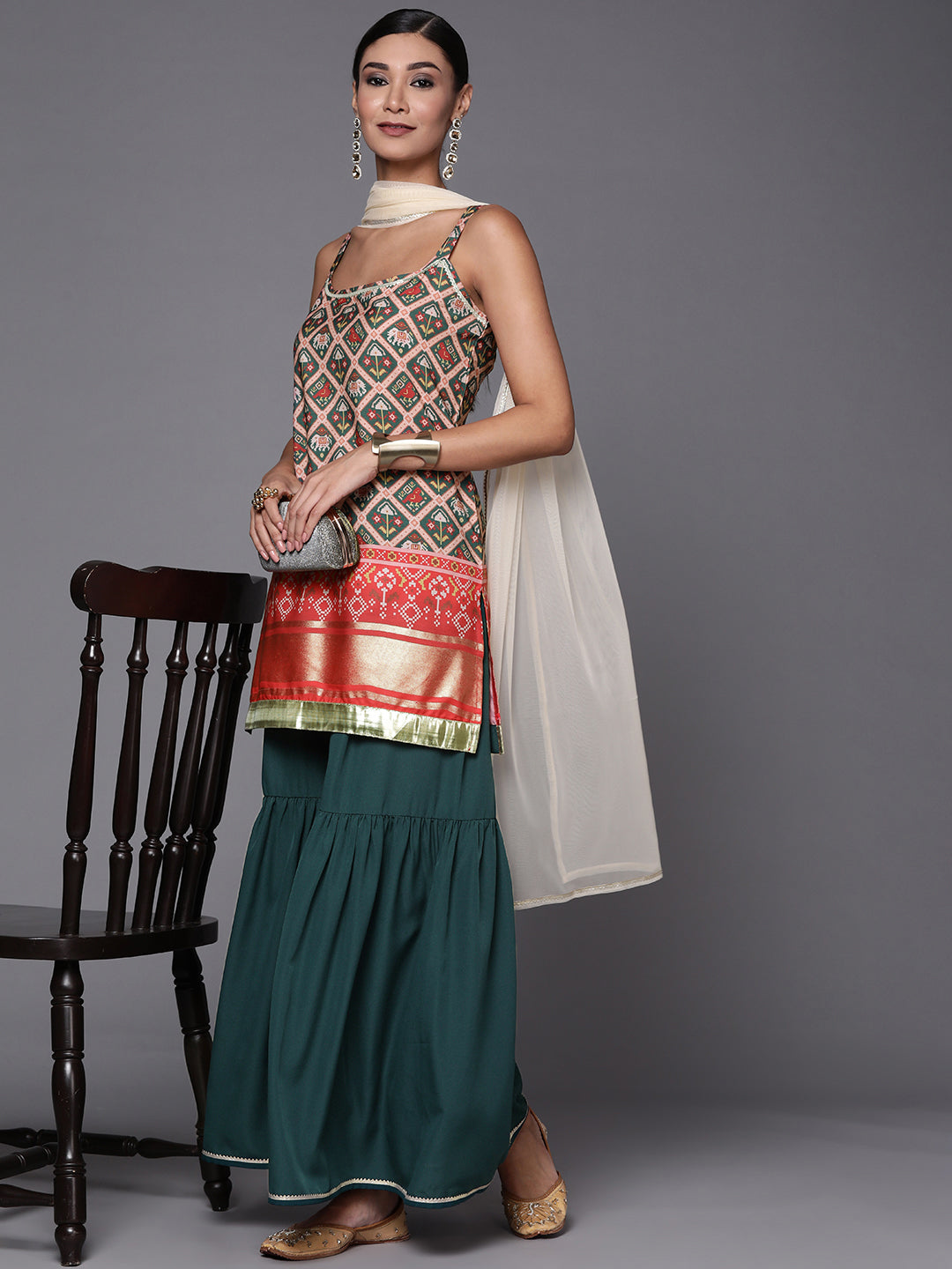 Women's Green & Red Printed Sharara Set With Dupatta