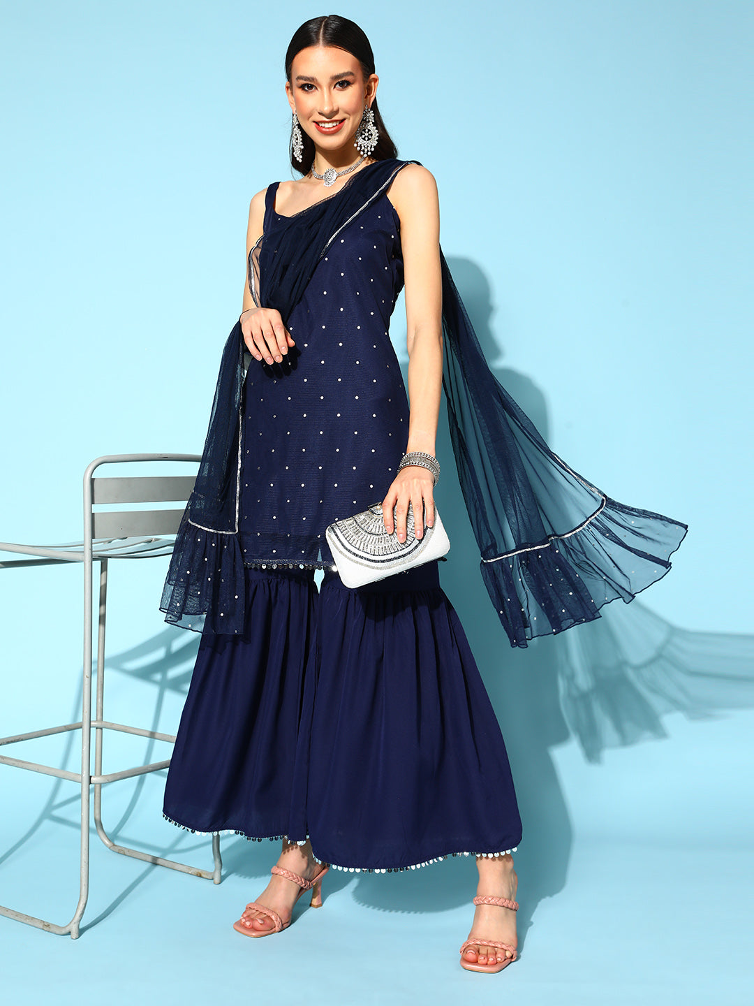 Women's Navy Blue Printed Top to Toe Printed Fusion Sharara Sets With Dupatta