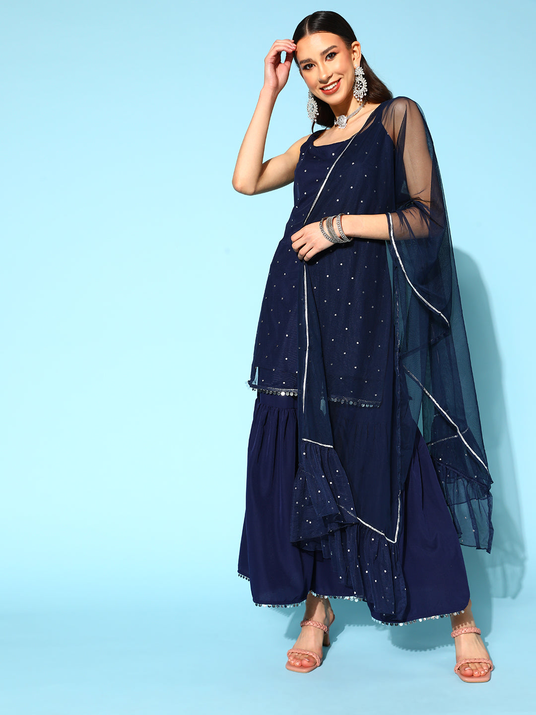 Women's Navy Blue Printed Top to Toe Printed Fusion Sharara Sets With Dupatta