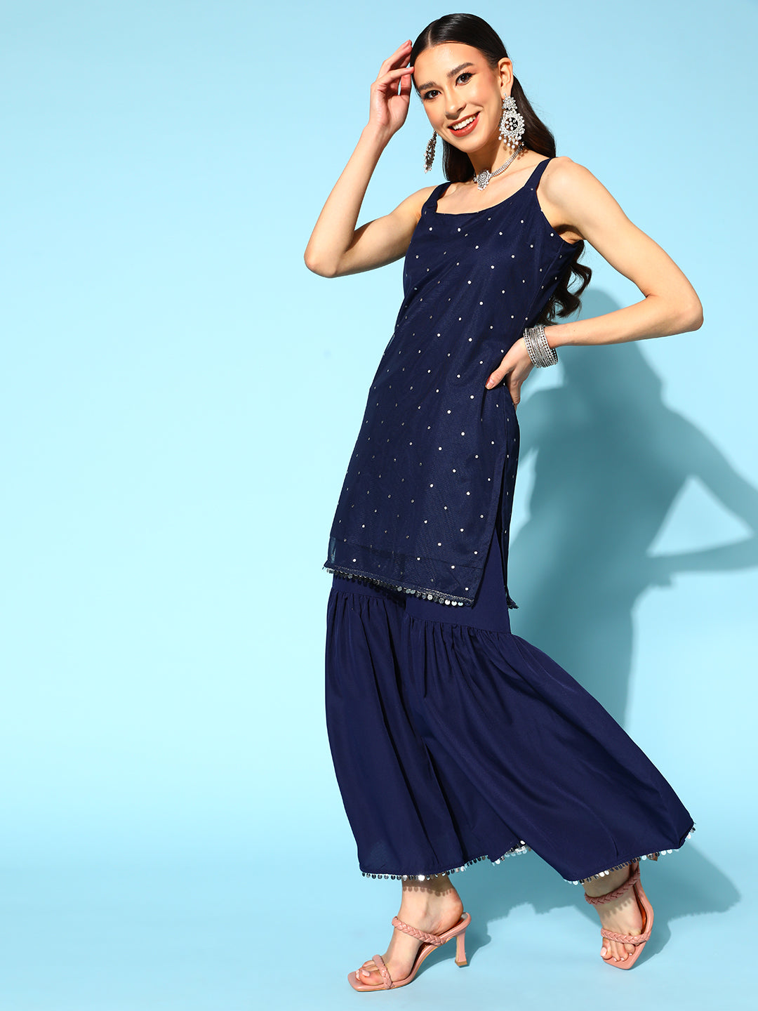 Women's Navy Blue Printed Top to Toe Printed Fusion Sharara Sets With Dupatta