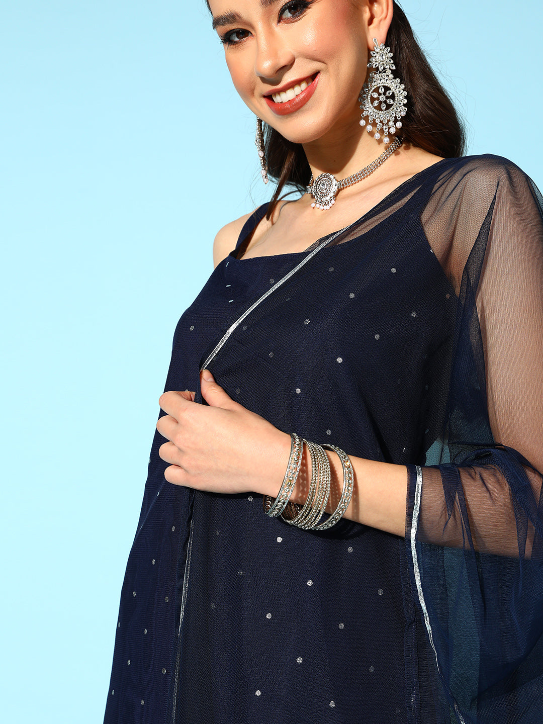 Women's Navy Blue Printed Top to Toe Printed Fusion Sharara Sets With Dupatta