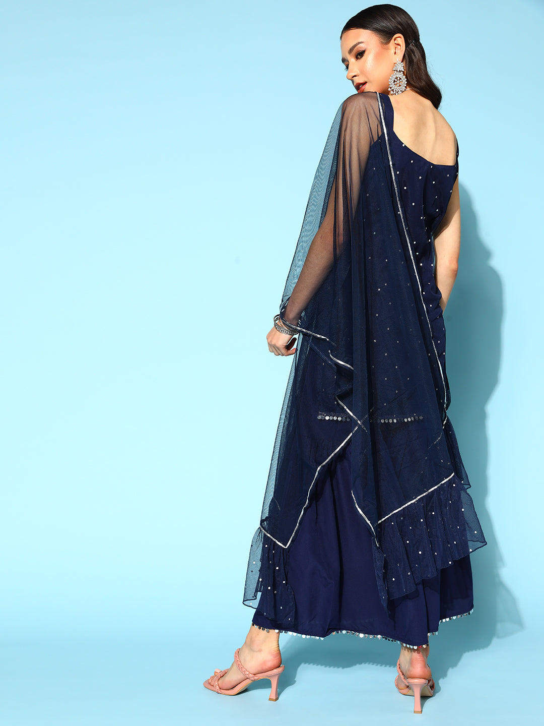 Women's Navy Blue Printed Top to Toe Printed Fusion Sharara Sets With Dupatta