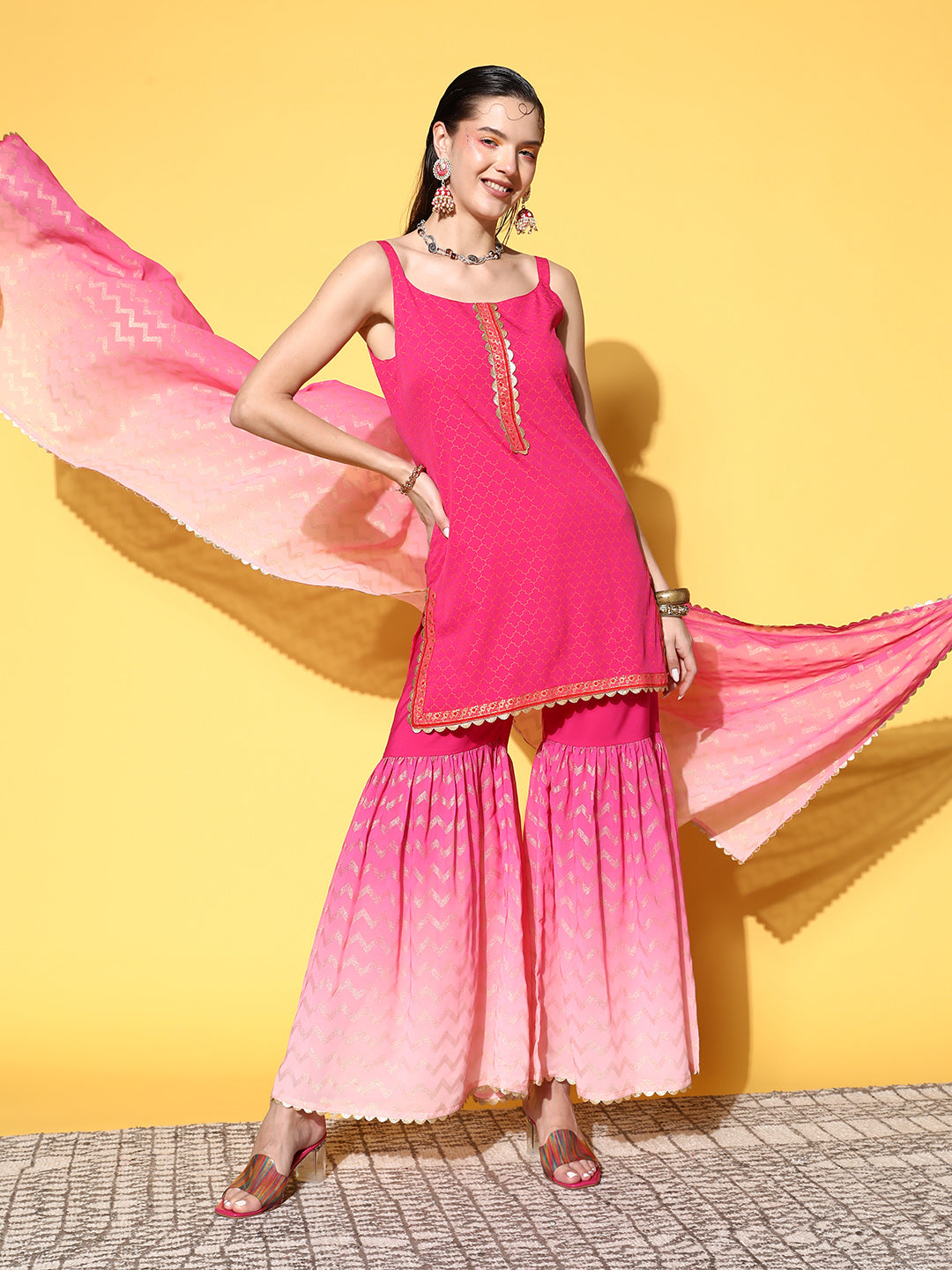 Women's Pink Ombre Printed Gotta Patti Sharara Set With Dupatta