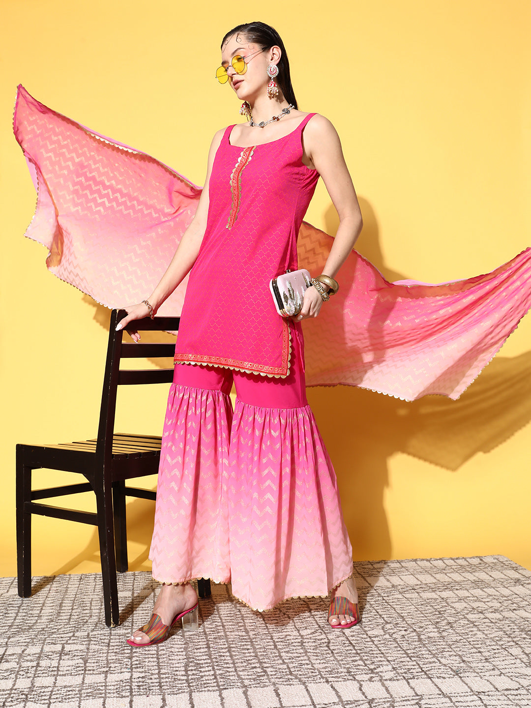 Women's Pink Ombre Printed Gotta Patti Sharara Set With Dupatta