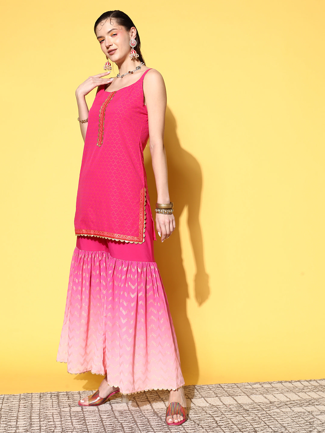 Women's Pink Ombre Printed Gotta Patti Sharara Set With Dupatta