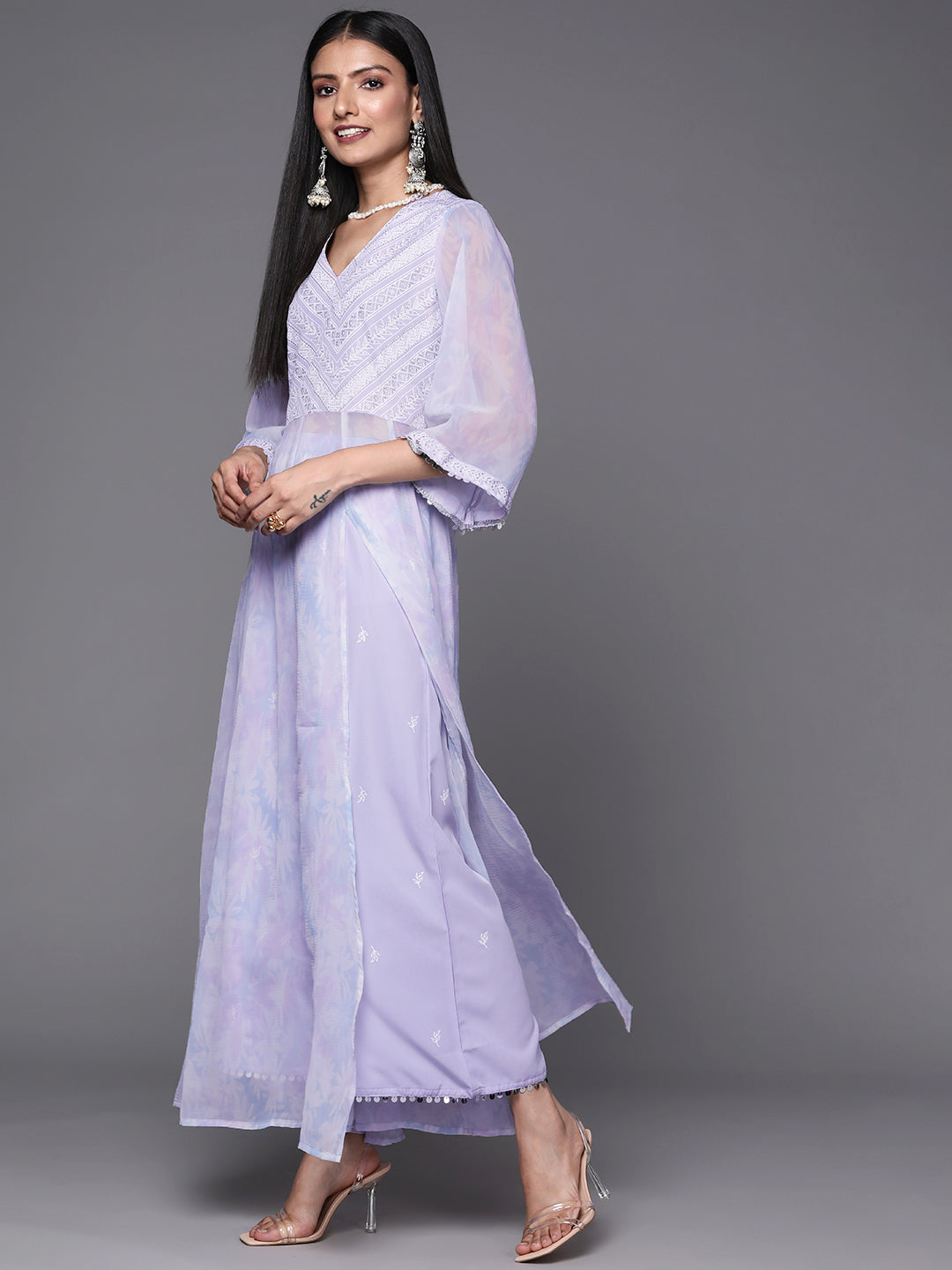 Lavender & White Floral Printed High Slit Sequined Kurta with Palazzos