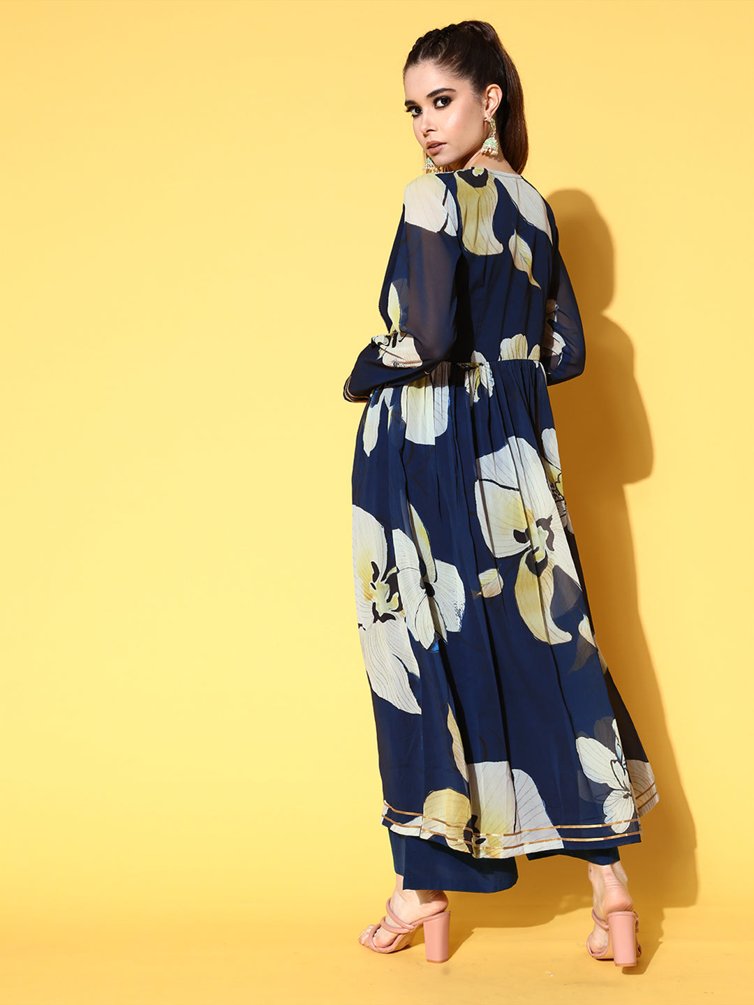 Navy Blue Floral Printed Angrakha Kurta with Palazzos