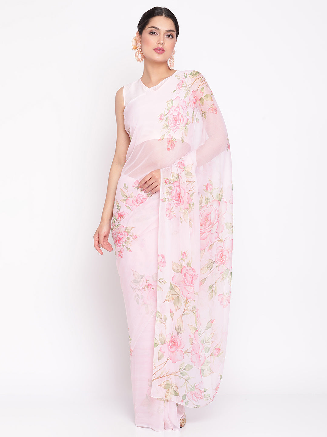 Baby Pink Chiffon Digital Floral Print Saree