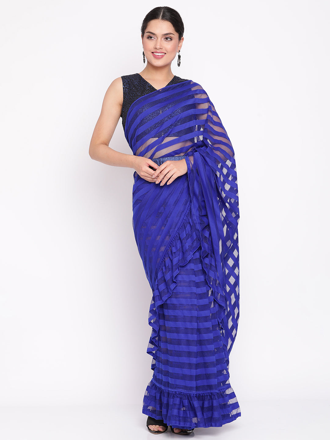 Blue & Black Striped Net Ready to Wear Saree Set