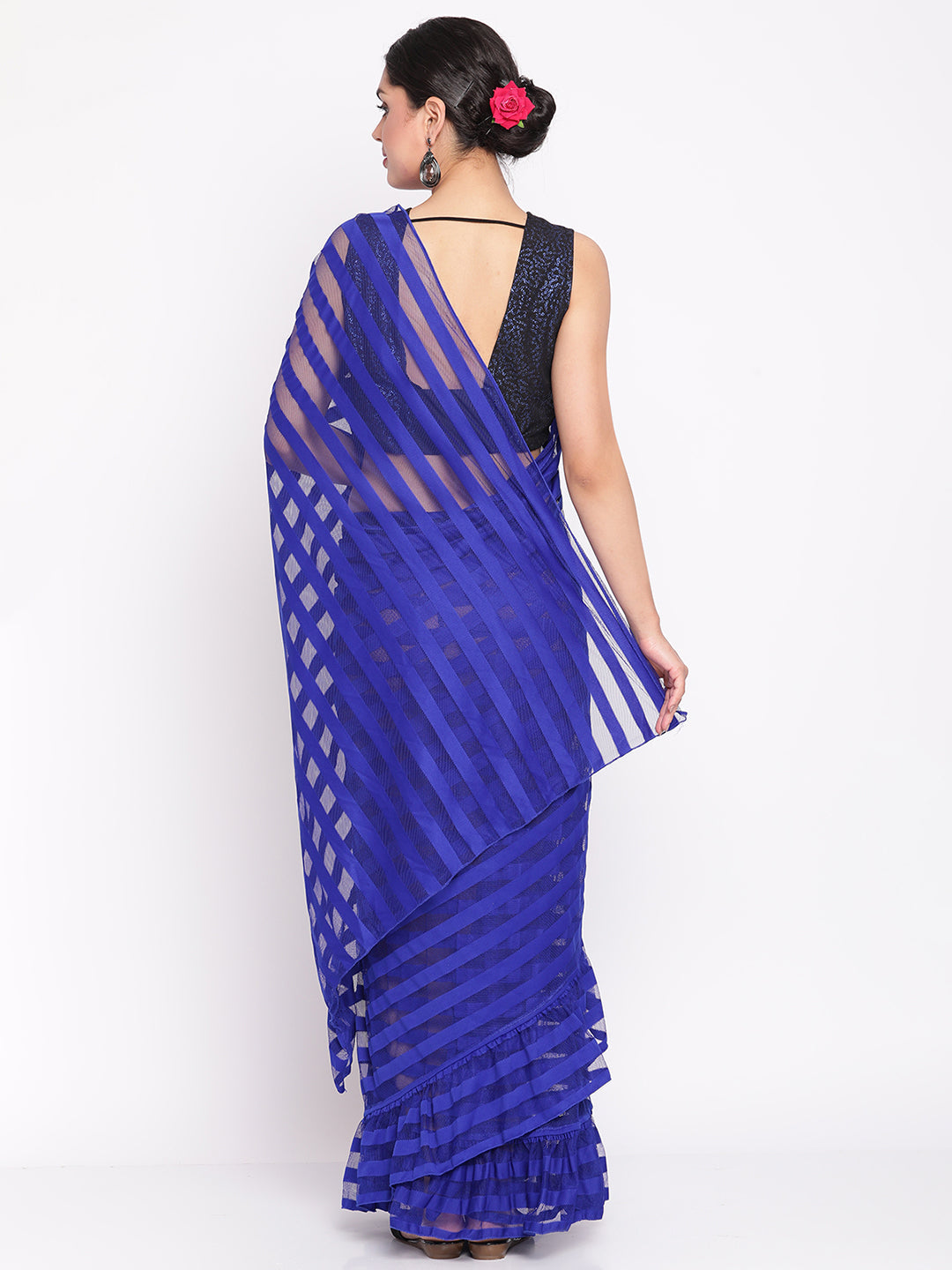 Blue & Black Striped Net Ready to Wear Saree Set (Without Blouse)