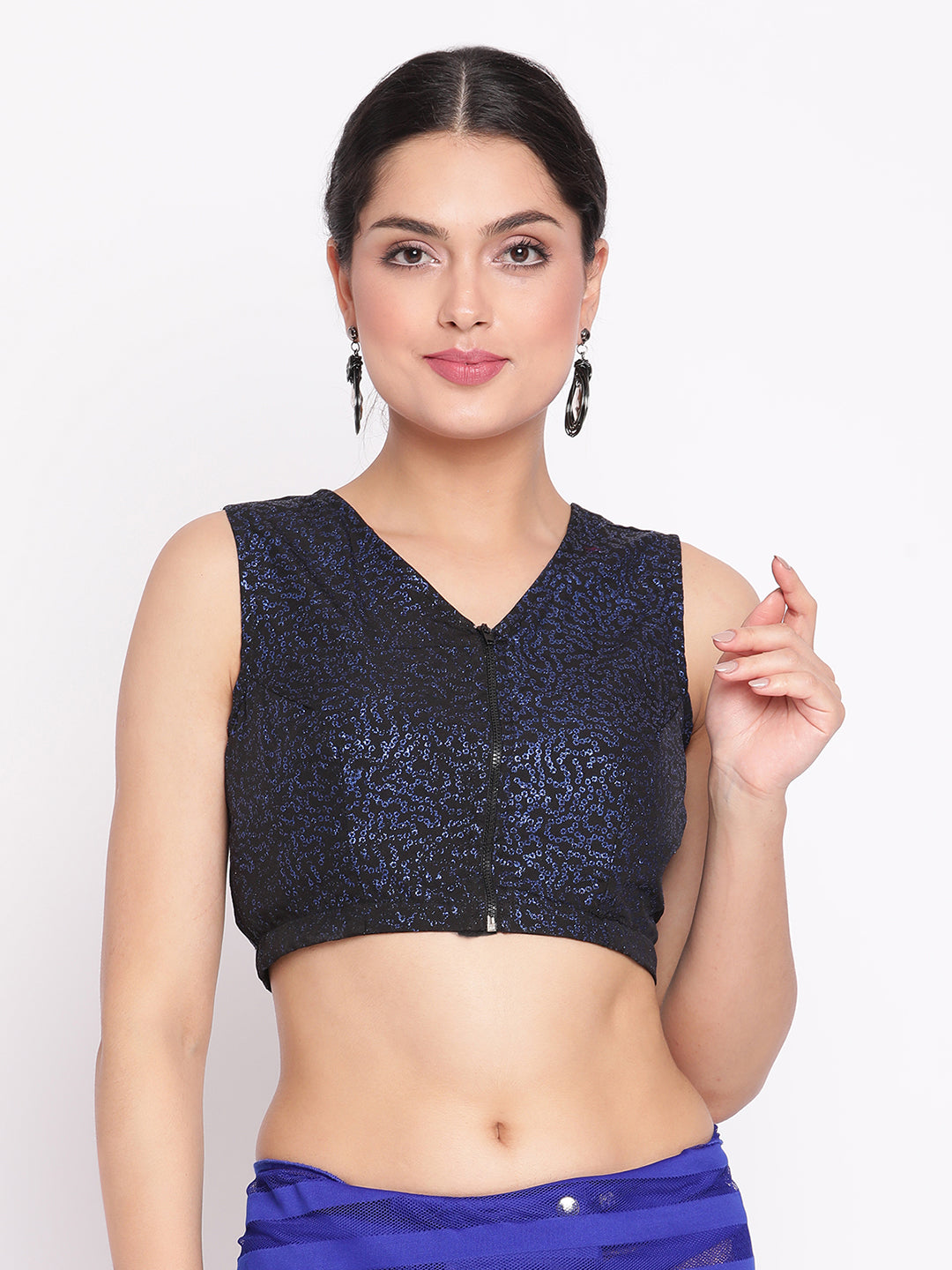 Blue & Black Striped Net Ready to Wear Saree Set (Without Blouse)