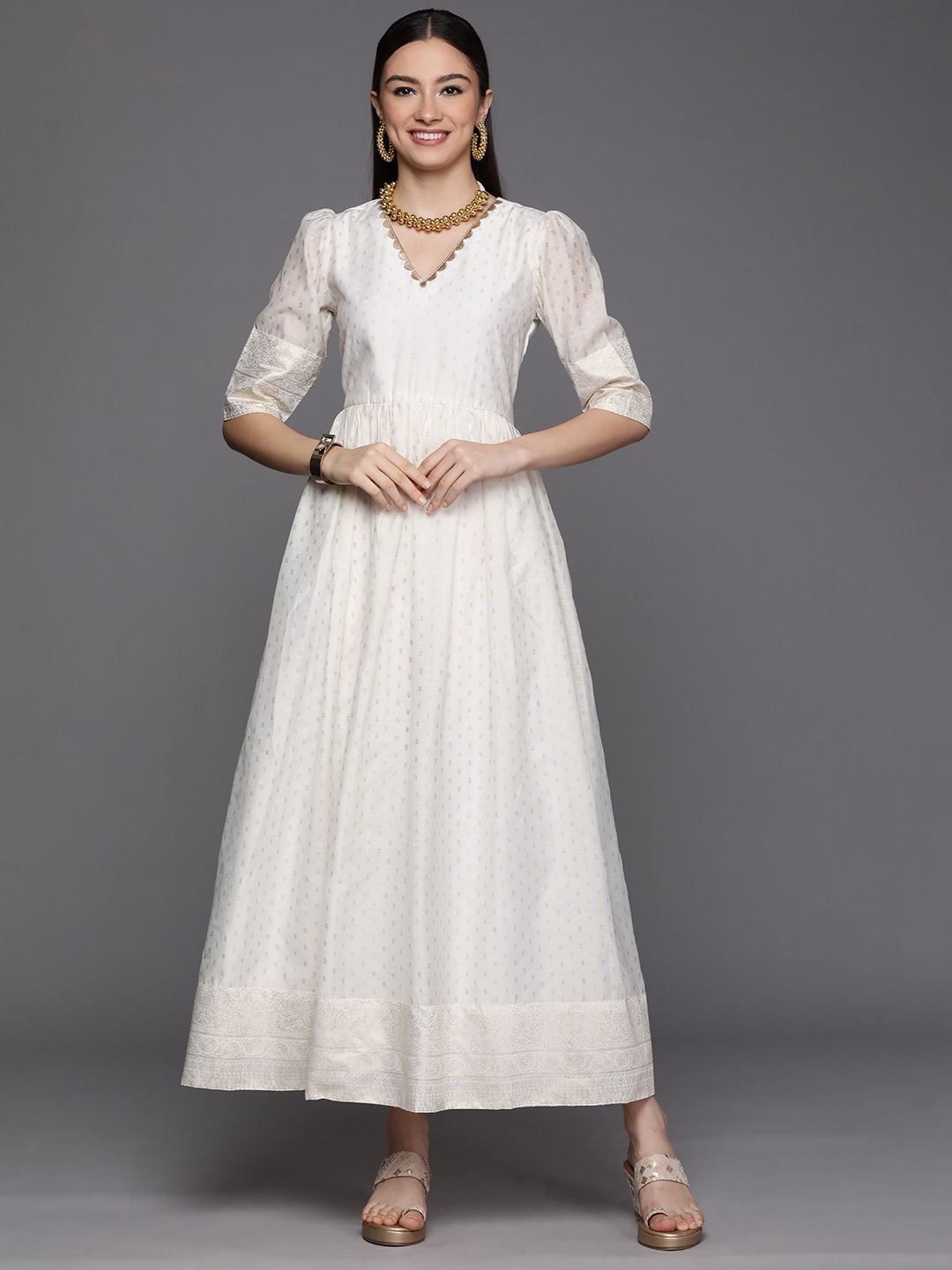 Off white Chanderi Gold Paste Printed Dress Off white Chanderi Gold Paste Printed Dress