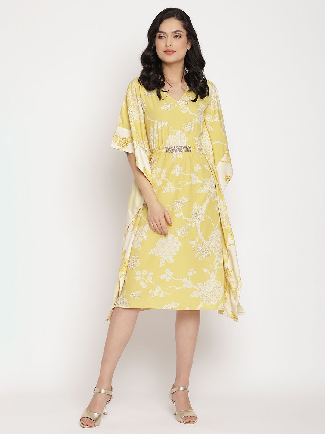 Lime Green & Off White Floral Printed Kaftan Kurta