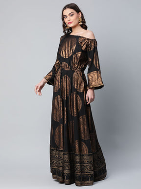 Black Crepe Copper Foil Printed Maxi Dress