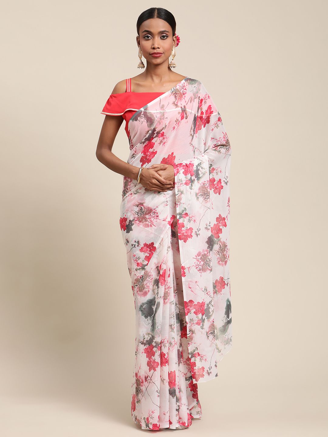 White Chiffon Digital Floral Print Saree