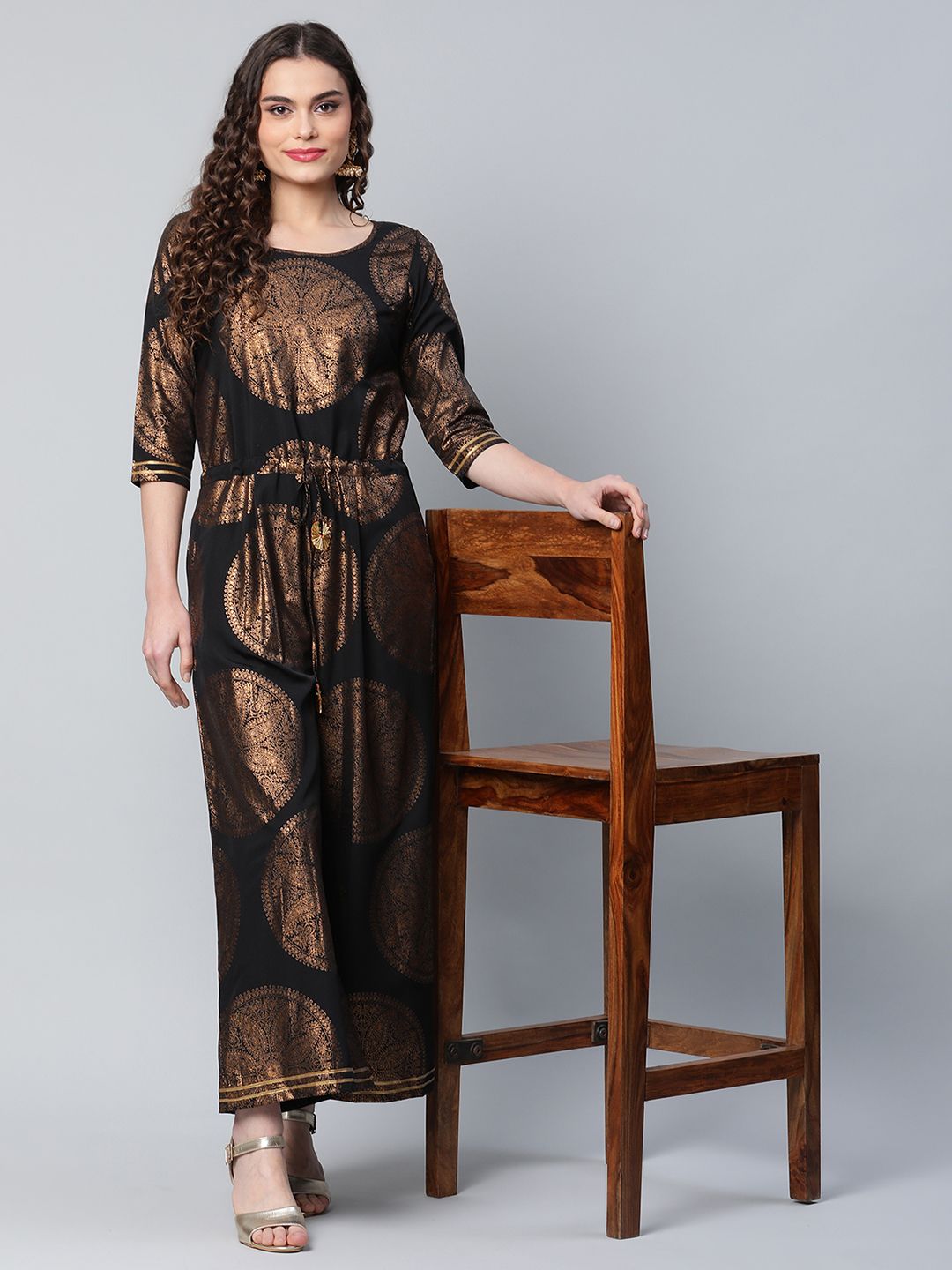 Black Crepe Copper Foil Printed Jumpsuit