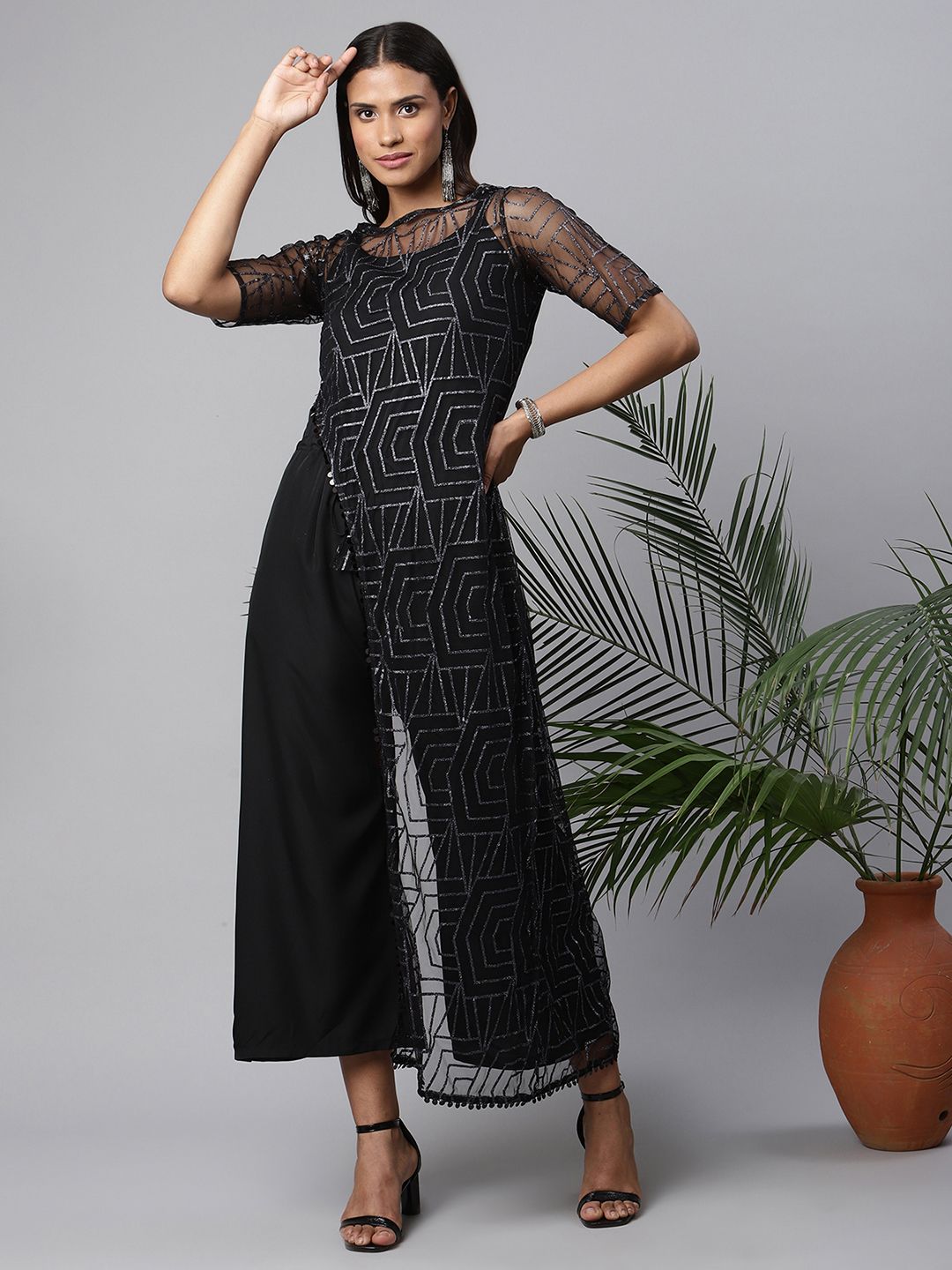 Black Crepe & Net Glitter Print Jumpsuit